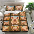 Pig duvet cover set displayed in a bright bedroom with matching pig portrait pillowcases