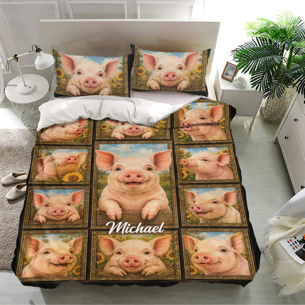 Pig duvet cover set displayed in a bright bedroom with matching pig portrait pillowcases
