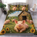 Pig duvet cover bedding set featuring playful piglets, sunflowers, a rustic barn, and rolling farm scenery