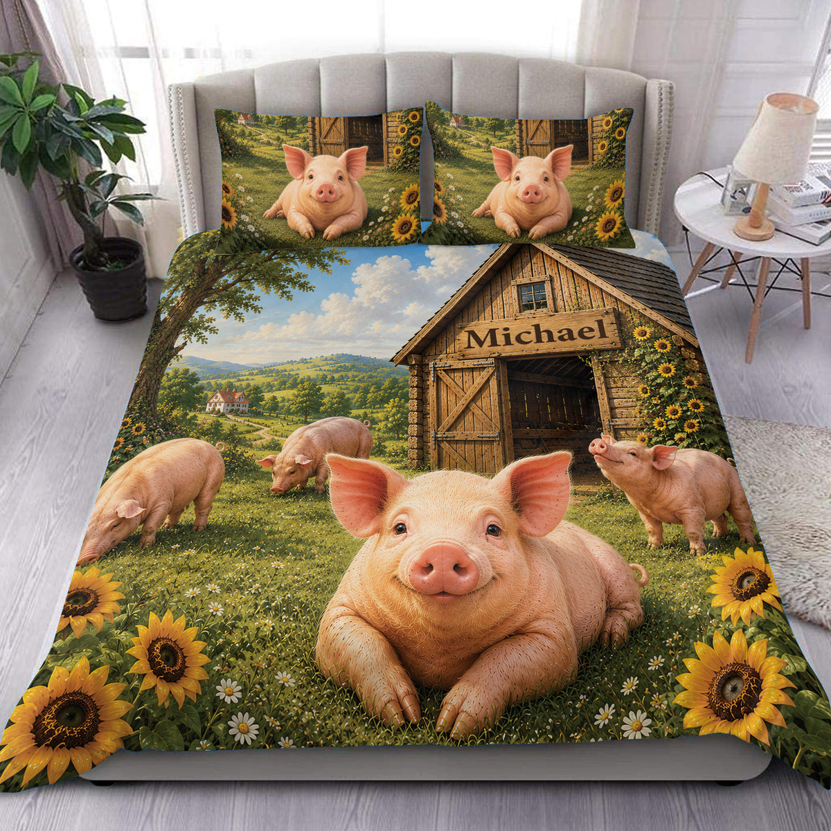 Pig duvet cover bedding set featuring playful piglets, sunflowers, a rustic barn, and rolling farm scenery
