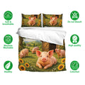Pig duvet cover set displayed with sunflower farm artwork and soft, breathable bedding feature icons