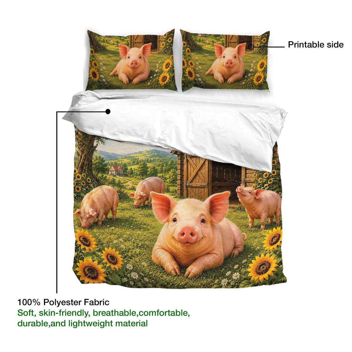 Pig bedding set showing printable farm artwork on the duvet cover and matching piglet pillowcases