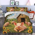 Pig duvet cover bedding set styled in a bedroom with cheerful piglets, sunflowers, and farmhouse scenery