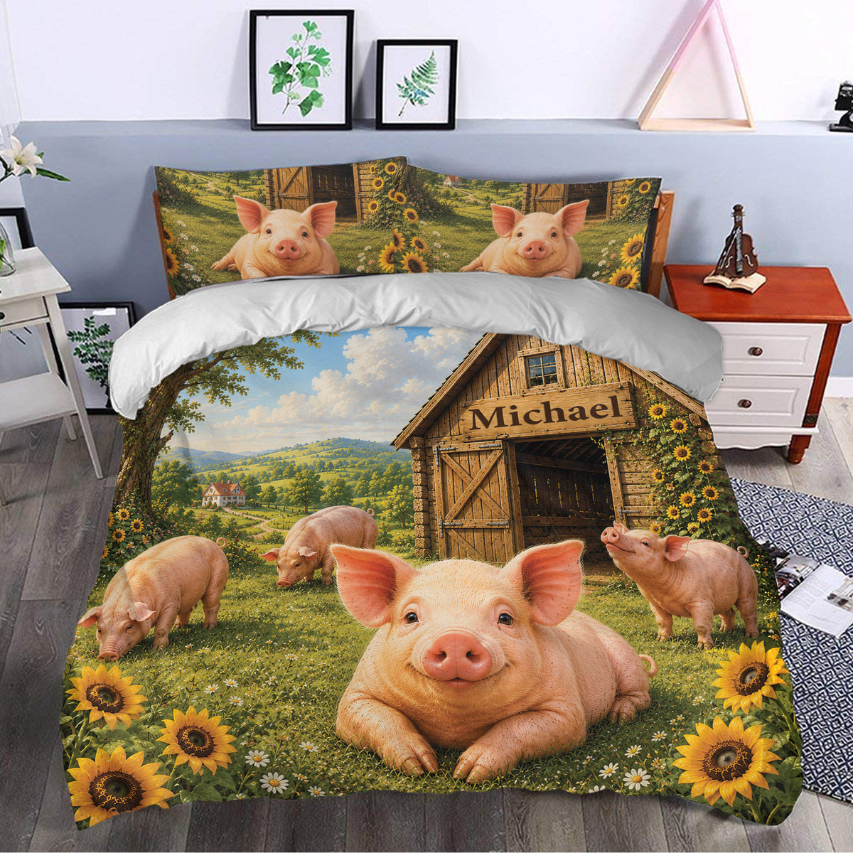 Pig duvet cover bedding set styled in a bedroom with cheerful piglets, sunflowers, and farmhouse scenery