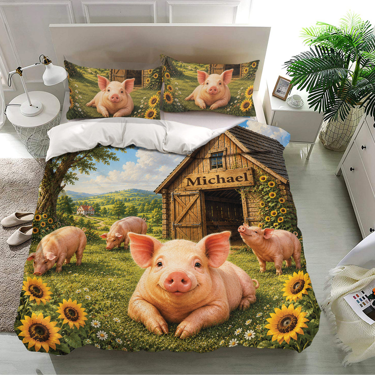 Farmhouse pig duvet cover set displayed on a bed with matching piglet pillowcases and sunflower details