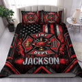 Firefighter duvet cover set displayed on a bed with bold red, black, and gold department emblem artwork