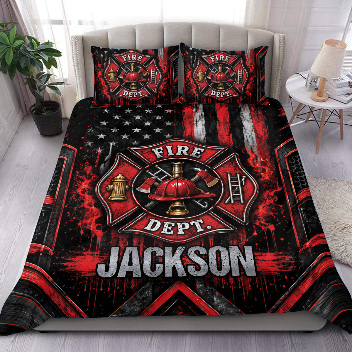 Firefighter duvet cover set displayed on a bed with bold red, black, and gold department emblem artwork