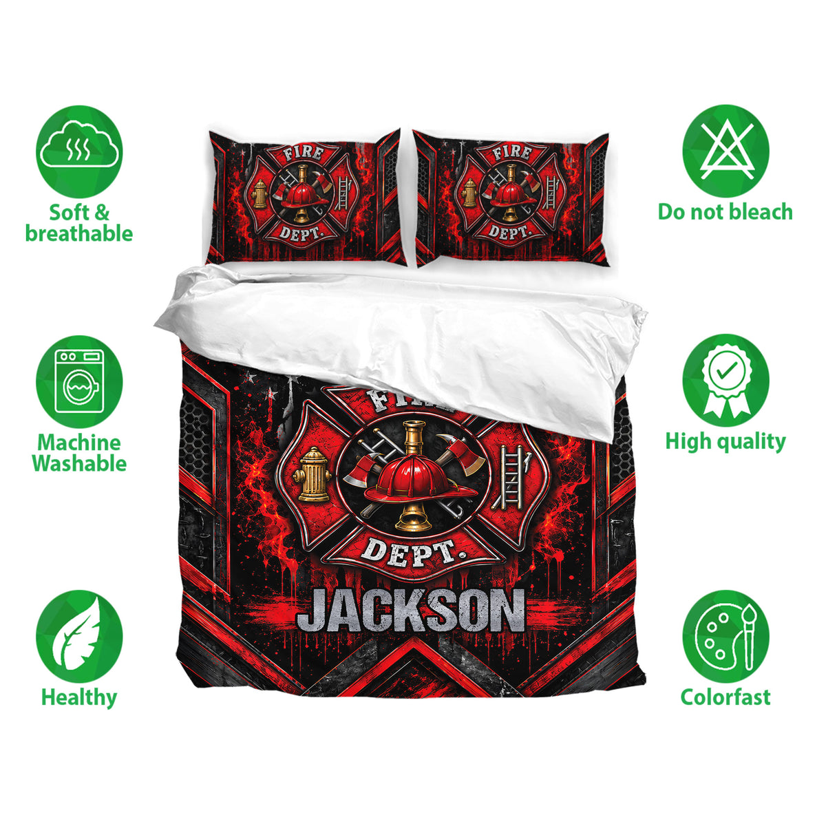 Firefighter bedding set shown with matching pillowcases, vivid emblem artwork, and soft breathable fabric icons