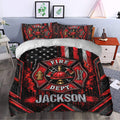 Firefighter bedroom decor featuring a bold red and black duvet cover with helmet, hydrant, axes, and ladder artwork