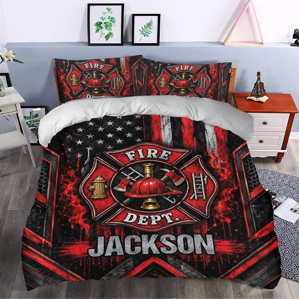 Firefighter bedroom decor featuring a bold red and black duvet cover with helmet, hydrant, axes, and ladder artwork
