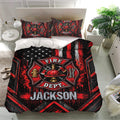 Firefighter duvet cover set styled in a bright bedroom with matching pillowcases and dramatic red and black artwork