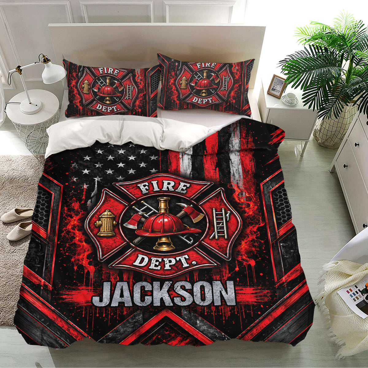 Firefighter duvet cover set styled in a bright bedroom with matching pillowcases and dramatic red and black artwork