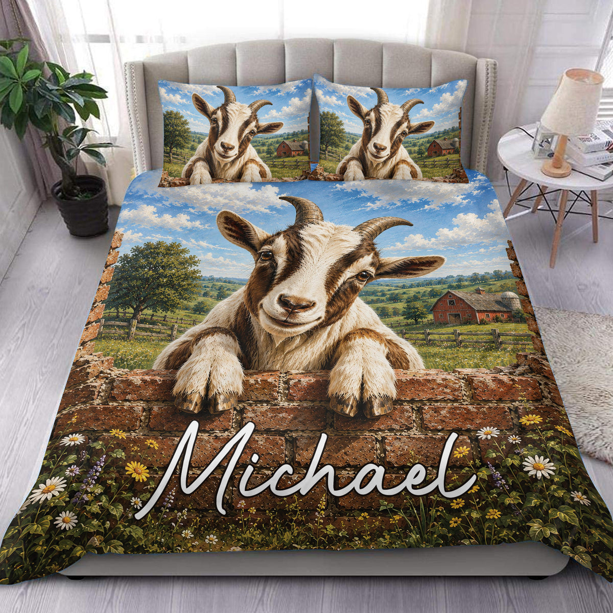 Goat duvet cover set featuring a rustic farm scene, blue sky, brick wall, wildflowers, and matching pillowcases