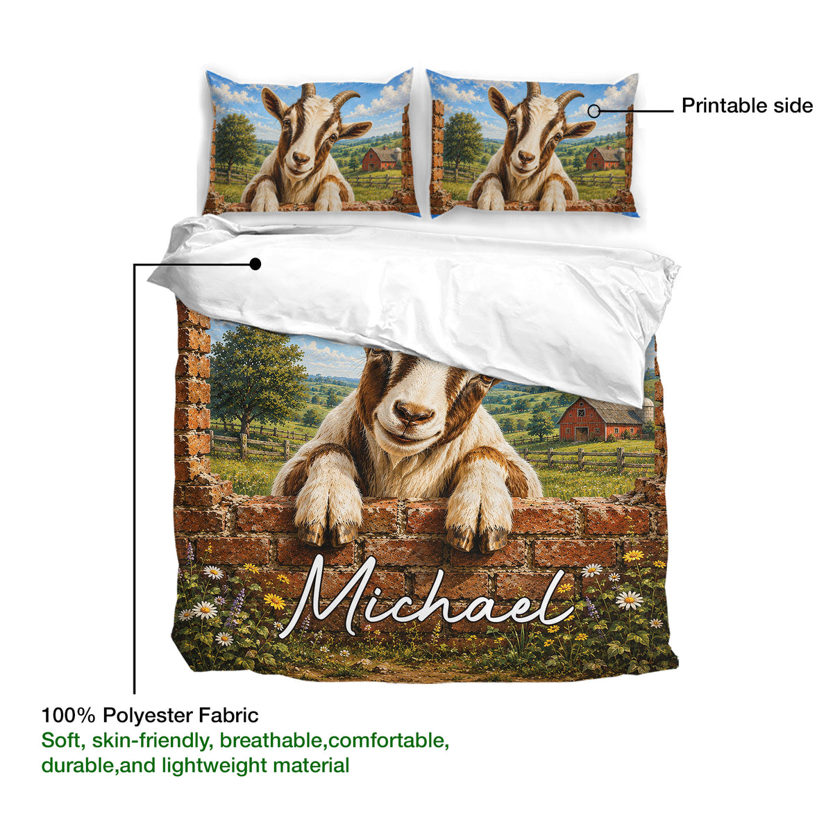 Goat duvet cover bedding set showing the printed side, soft polyester fabric, and matching farm scene pillowcases