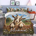 Rustic goat duvet cover styled in a bedroom with a large farm landscape design and floral border