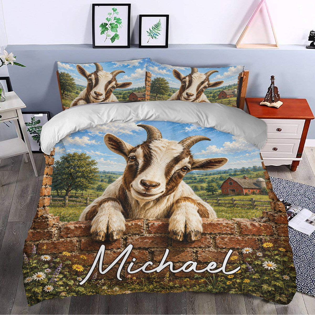 Rustic goat duvet cover styled in a bedroom with a large farm landscape design and floral border