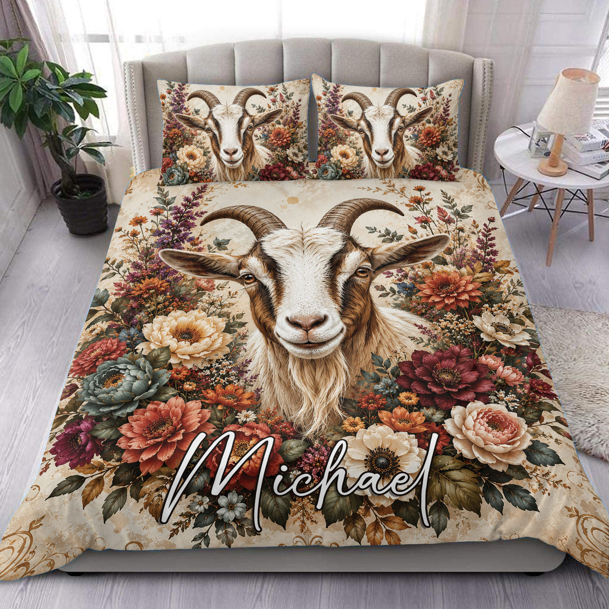 Floral goat duvet cover bedding set styled on a bed with rustic farmhouse bedroom decor