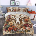 Close bedroom view of a goat duvet cover set with colorful flowers and rustic botanical artwork