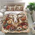 Farmhouse bedroom styled with a detailed floral goat duvet cover and matching decorative pillowcases