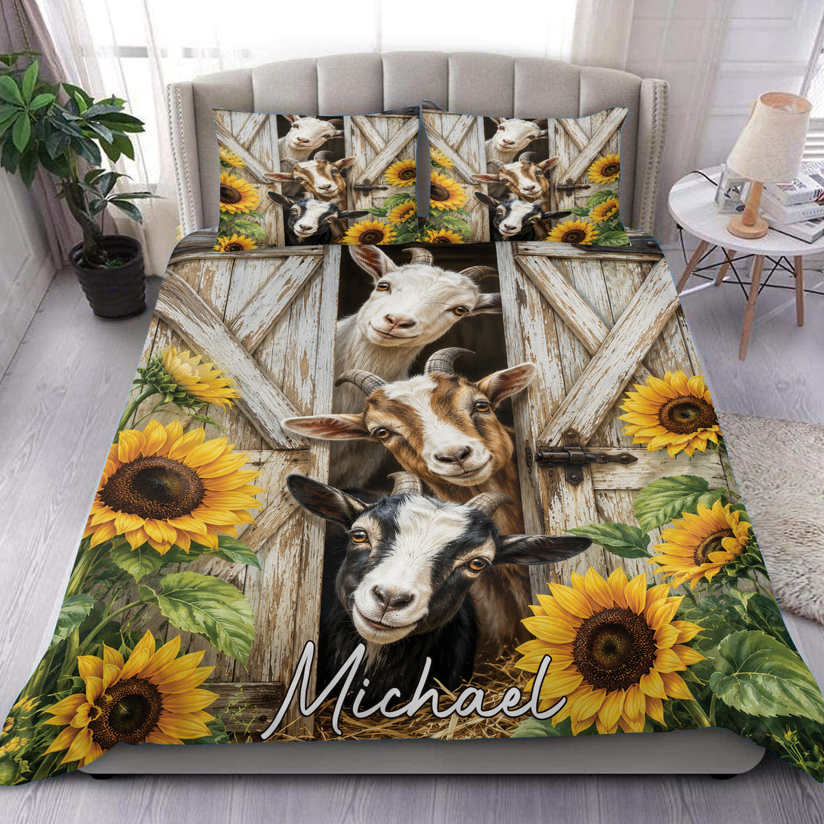 Goat duvet cover set with sunflower-filled barn doors and rustic farmhouse bedroom styling