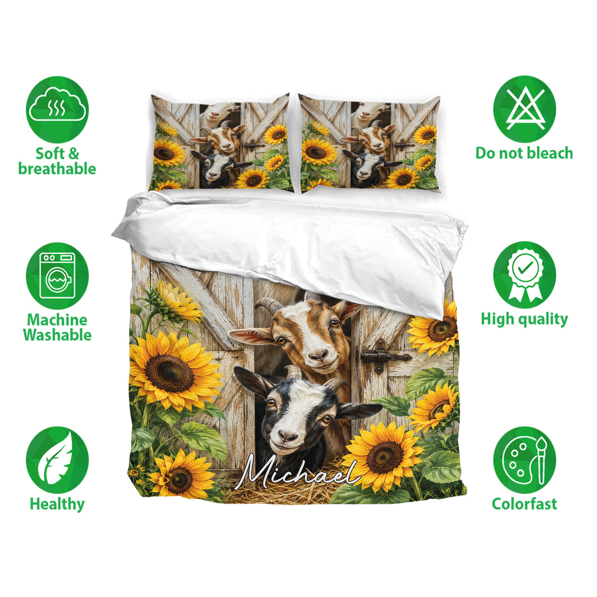 Goat bedding set displayed with matching pillowcases, sunflower barn artwork, and feature icons