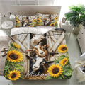 Goat bedding set presented in a bright bedroom with sunflower and weathered barn artwork