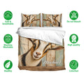 Goat duvet cover bedding set with matching pillowcases, rustic wood design, and soft breathable fabric callouts