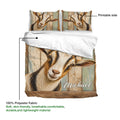 Goat duvet cover set showing the printed side, rustic portrait artwork, and 100% polyester fabric detail