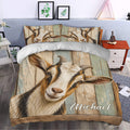 Rustic goat duvet cover styled in a bedroom with matching pillowcases and weathered wood farmhouse artwork
