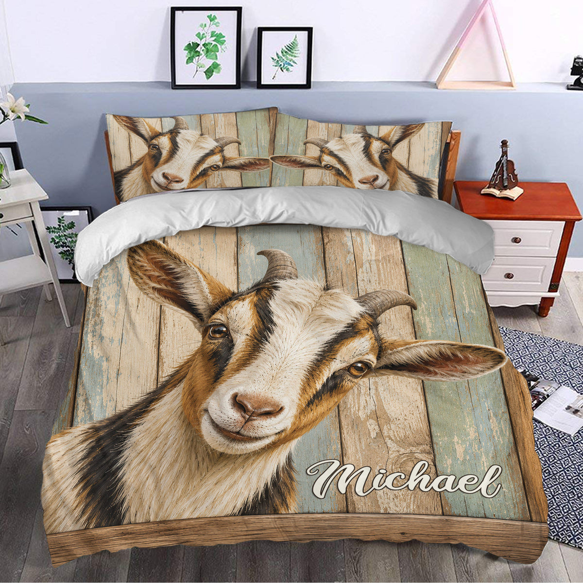 Rustic goat duvet cover styled in a bedroom with matching pillowcases and weathered wood farmhouse artwork