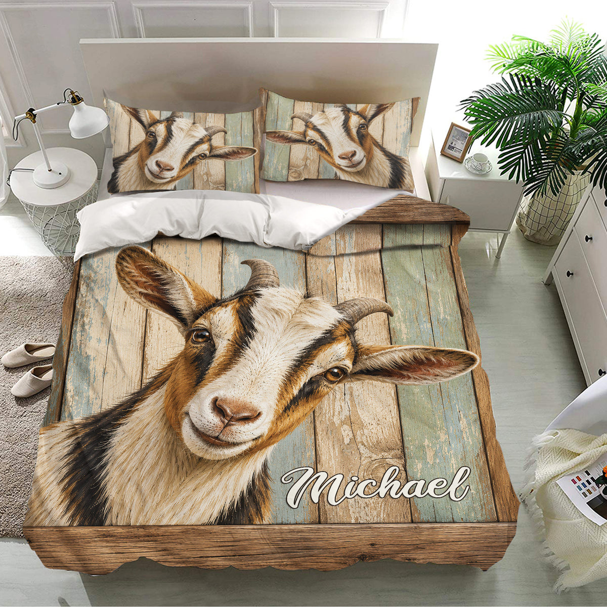 Goat bedding set displayed in a bright bedroom with large rustic goat portrait artwork and matching pillowcases