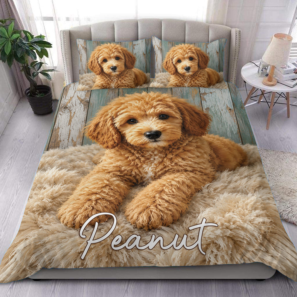 Labradoodle duvet cover set displayed on a bed with a warm golden dog portrait and rustic blue wood background