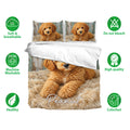 Labradoodle bedding set shown with matching pillowcases, rustic dog artwork, and soft breathable fabric icons