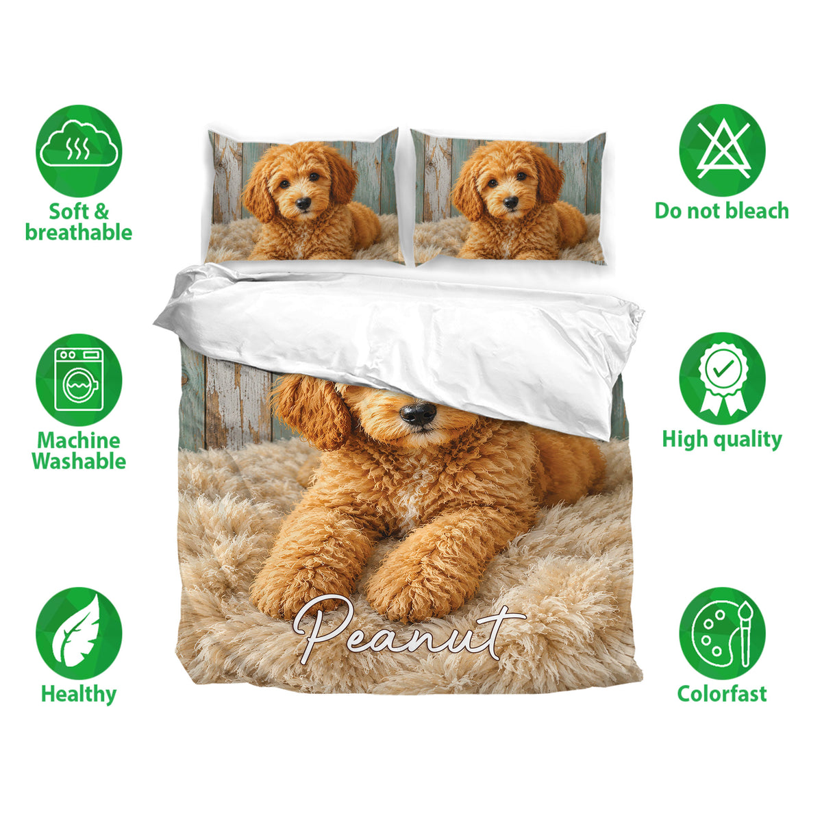 Labradoodle bedding set shown with matching pillowcases, rustic dog artwork, and soft breathable fabric icons