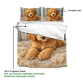 Labradoodle duvet cover and pillowcases shown with a detailed golden dog portrait and rustic wood texture