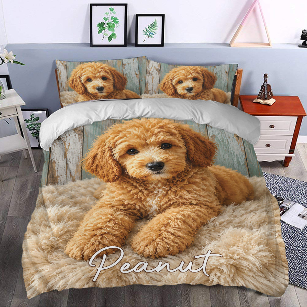 Labradoodle bedding styled in a bedroom with a large golden dog portrait and matching rustic pillowcases