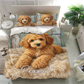 Labradoodle duvet cover set presented in a bright modern bedroom with coordinating dog portrait pillowcases