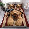 Labradoodle duvet cover bedding set displayed on a bed with patriotic stars and red, white, and blue stripes