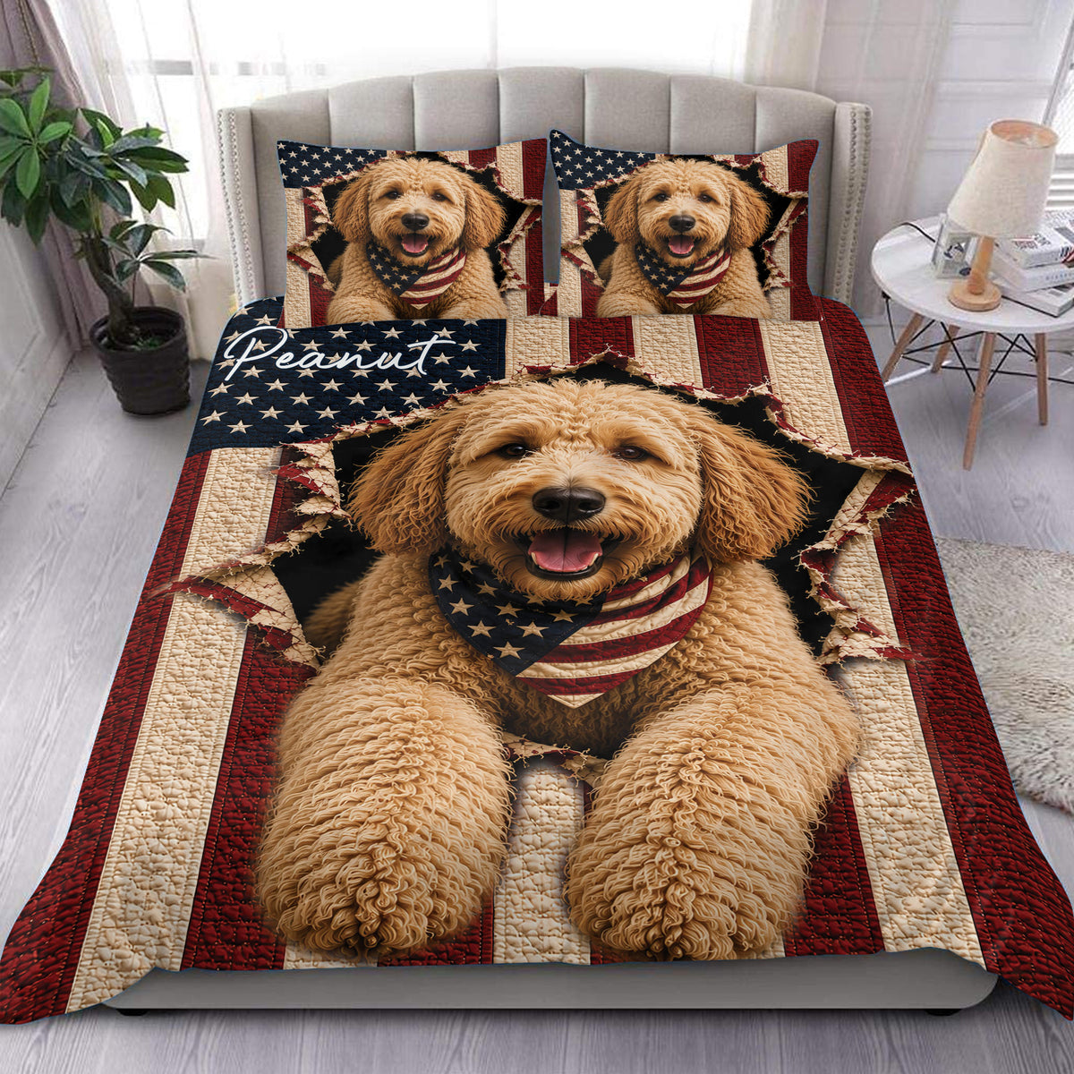 Labradoodle duvet cover bedding set displayed on a bed with patriotic stars and red, white, and blue stripes