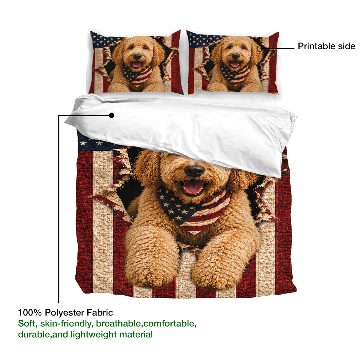 Labradoodle duvet cover set showing the printable front and soft polyester fabric detail