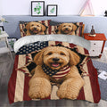 Patriotic Labradoodle duvet cover set styled in a bright bedroom with matching dog portrait pillowcases