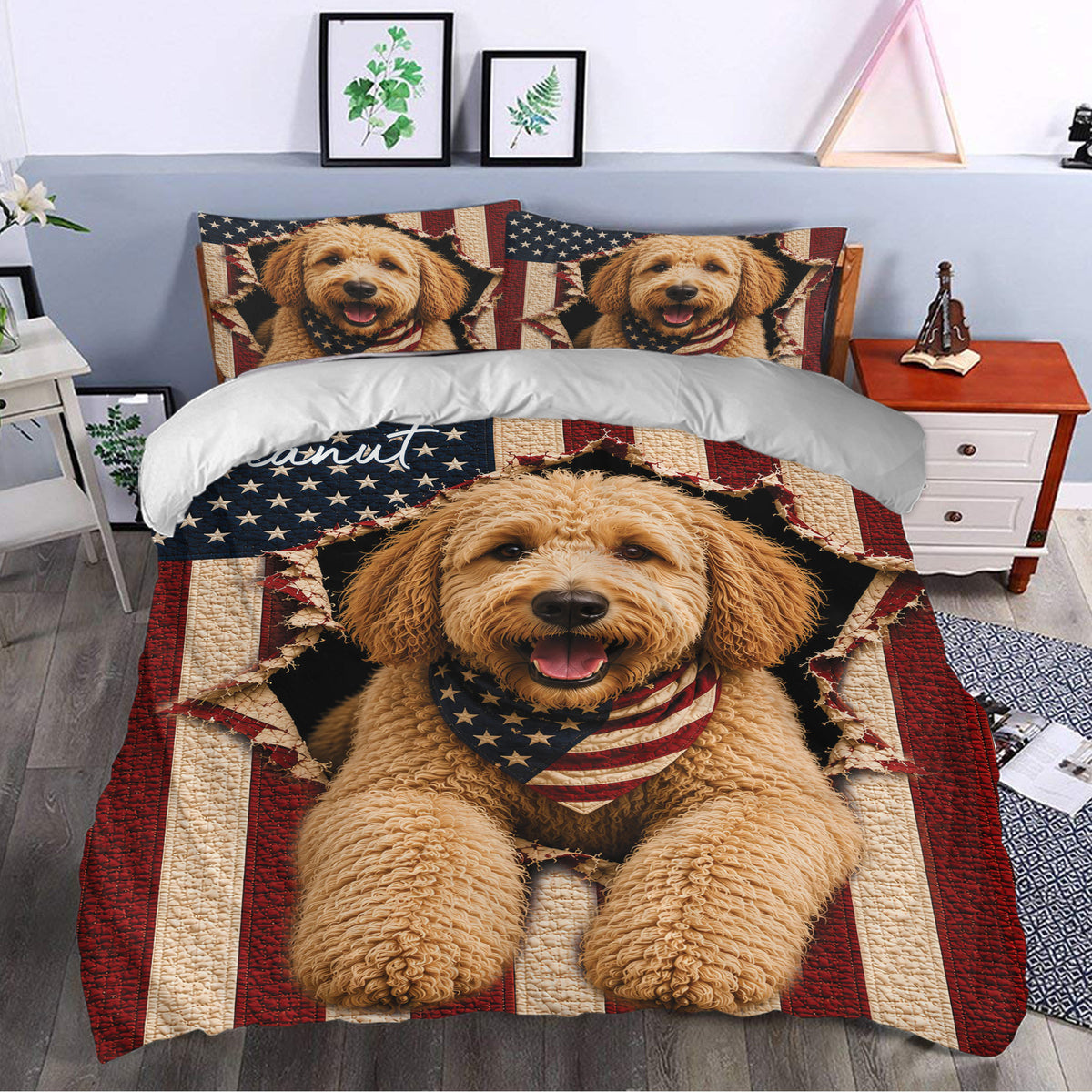 Patriotic Labradoodle duvet cover set styled in a bright bedroom with matching dog portrait pillowcases