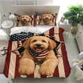 Labradoodle bedding set displayed in a modern bedroom with patriotic flag-inspired artwork