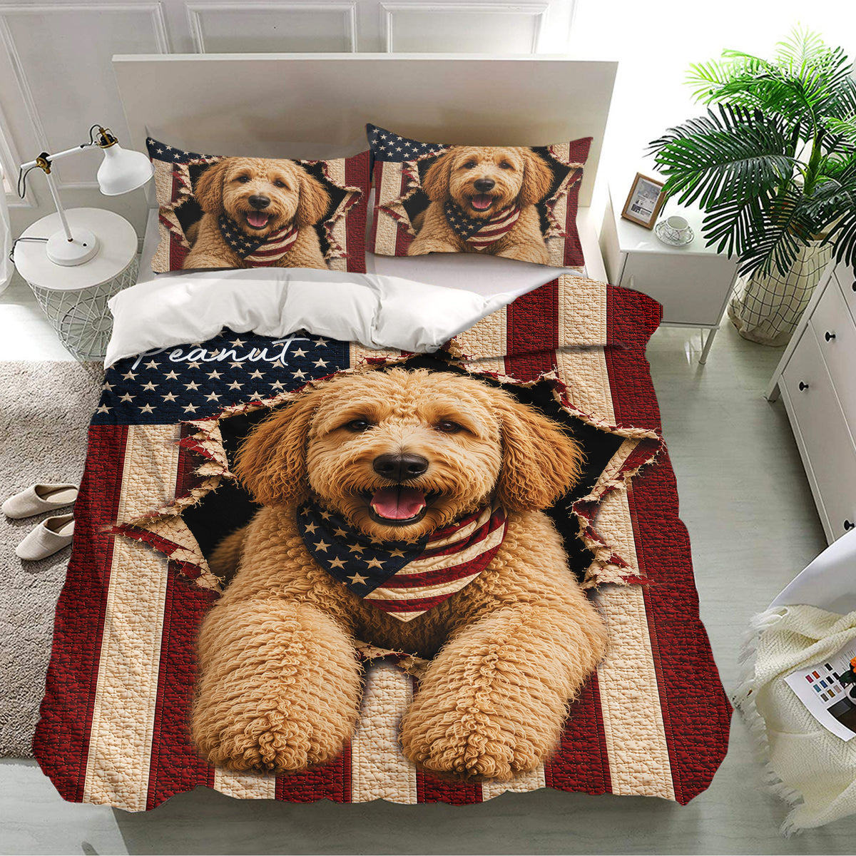 Labradoodle bedding set displayed in a modern bedroom with patriotic flag-inspired artwork