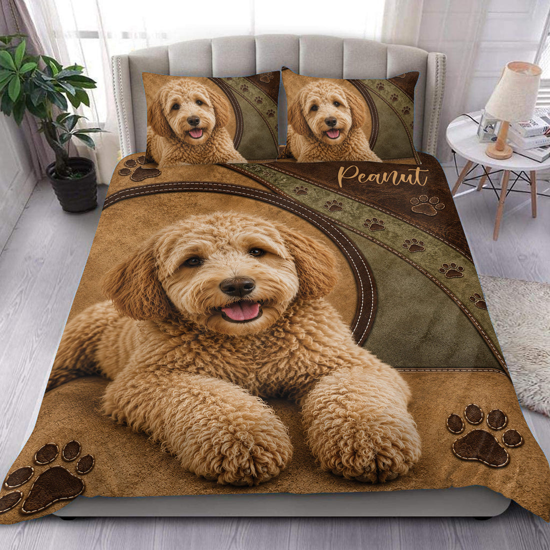 Labradoodle duvet cover set displayed on a bed with a curly dog portrait, paw prints, and rustic brown tones