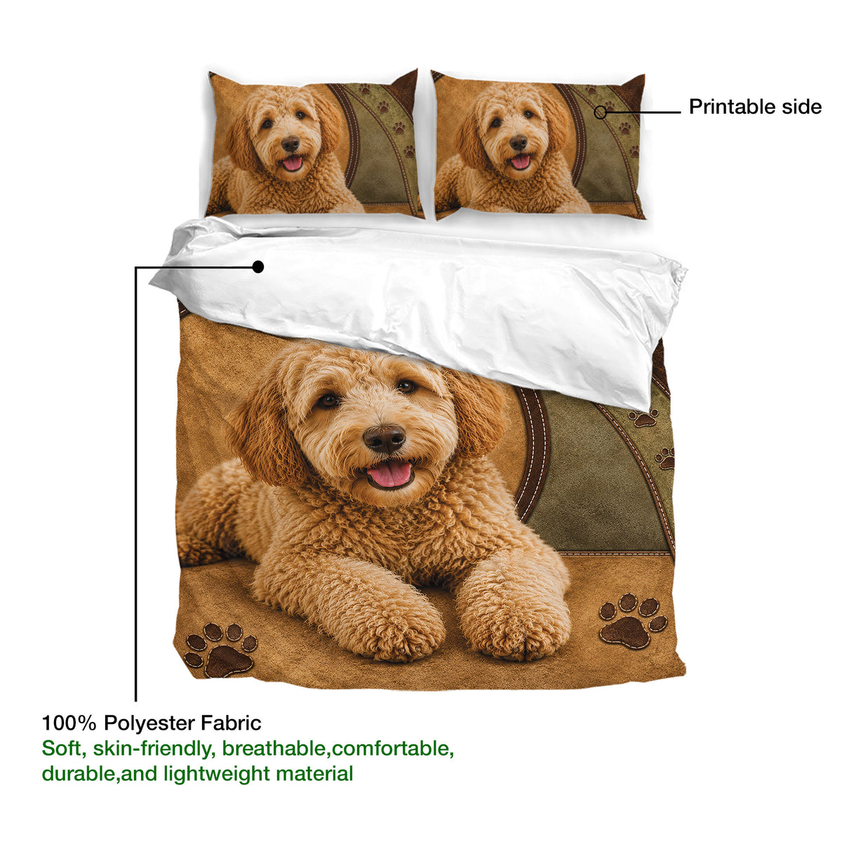 Labradoodle duvet cover with matching pillowcases, printable artwork, and a large curly dog portrait