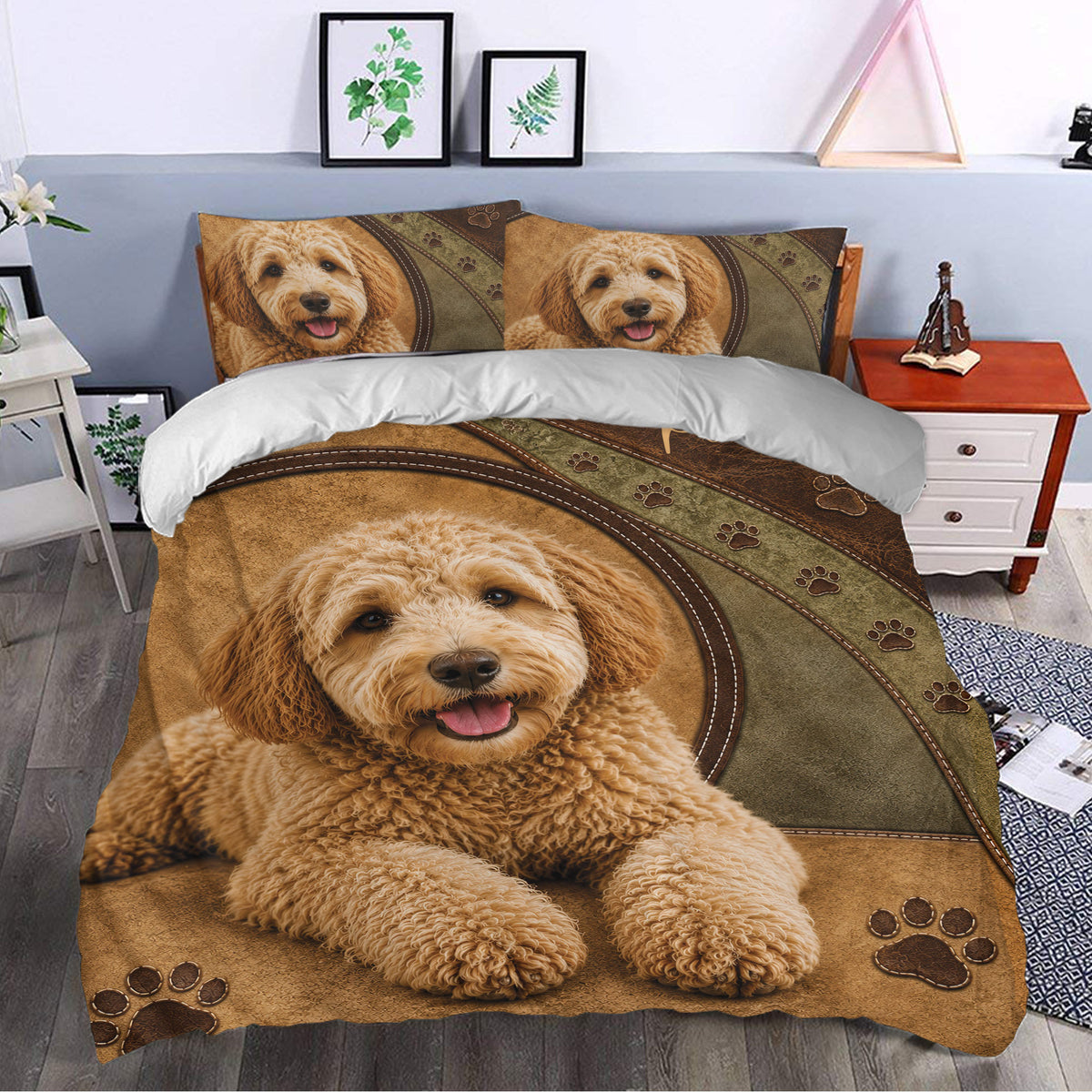 Labradoodle duvet cover bedding displayed in a bedroom with matching pillows and rustic paw print artwork