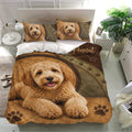 Labradoodle bedding set styled in a bright bedroom with a large curly dog portrait and matching pillowcases