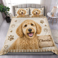 Labradoodle duvet cover set with a curly dog portrait, paw prints, hearts, woodgrain, and gingham trim