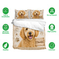 Labradoodle bedding set displayed with matching pillowcases and a warm rustic dog portrait design